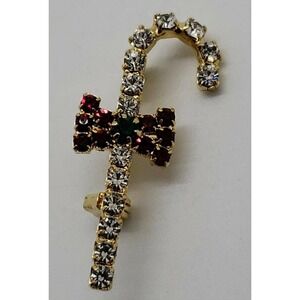 Vintage small  holiday rhinestone Christmas Candy Cane w/ bow brooch pin